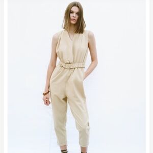 New Zara Textured Linen Blend V-Neck Sleeveless Belted Tan Jumpsuit NWT Size M